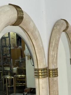 Pair of Italian Oval Mirror in Tessellated Stone with Brass Accents 1980s - 4366218