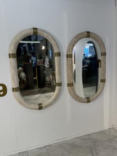 Pair of Italian Oval Mirror in Tessellated Stone with Brass Accents 1980s - 4366223