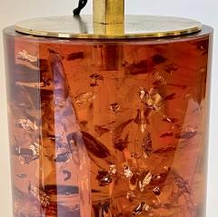 Pair of Italian Reddish Amber Fractal Resin Table Lamps w Brass Details Shades - 1943178