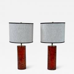 Pair of Italian Reddish Amber Fractal Resin Table Lamps w Brass Details Shades - 1943462