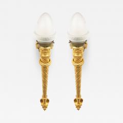 Pair of Italian Renaissance Style Bronze Dore Torch Wall Sconces - 1403189