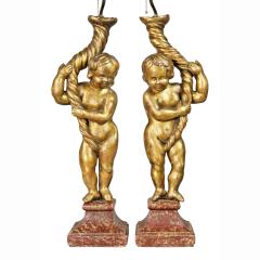 Pair of Italian Rococo Giltwood Figural Lamps - 3785925