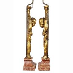 Pair of Italian Rococo Giltwood Figural Lamps - 3785929
