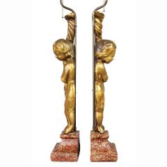 Pair of Italian Rococo Giltwood Figural Lamps - 3785930