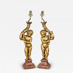Pair of Italian Rococo Giltwood Figural Lamps - 3790173