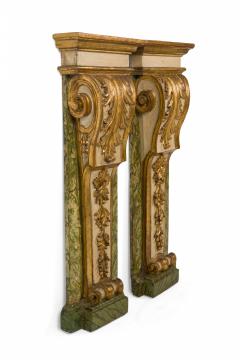 Pair of Italian Rococo Parcel Gilt Painted Foliate Wood Wall Pilaster Pedestals - 4171015