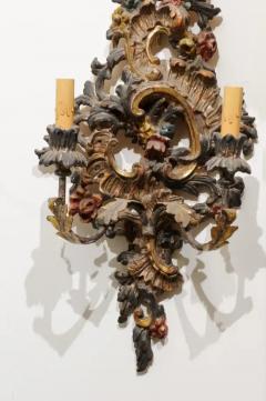 Pair of Italian Rococo Style Late 19th Century Carved and Painted Sconces - 3426942