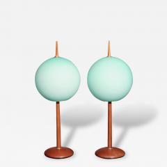 Pair of Italian Table Lamps With Wooden Base and Green Glass Globes - 1088979