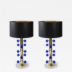 Pair of Italian Table Lamps in Brass and Blue Murano Glass - 3226633