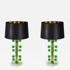 Pair of Italian Table Lamps in Brass and Green Murano Glass - 3036198