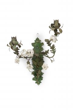 Pair of Italian Tole and Porcelain Two Light Floral Wall Appliqu s Sconces - 4163199