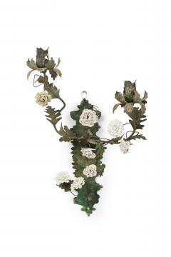 Pair of Italian Tole and Porcelain Two Light Floral Wall Appliqu s Sconces - 4163200