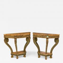 Pair of Italian Venetian Faux Marble Topped Scroll Form Carved Console Tables - 4193693