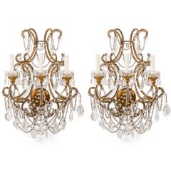 Pair of Italian Venetian Style Crystal and Metal Scroll Arm Sconces - 4708489