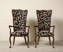 Pair of Italian Walnut High Back Armchairs Kuba Fabric circa 1950 - 4783119