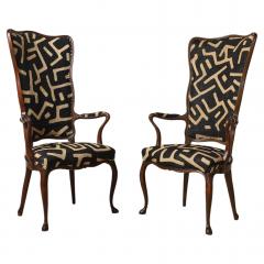 Pair of Italian Walnut High Back Armchairs Kuba Fabric circa 1950 - 4783139