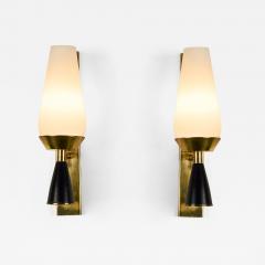 Pair of Italian mid century Murano opaline glass and brass cone wall lights - 4361734