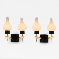 Pair of Italian mid century Murano opaline shaped glass and brass wall lights - 4616098