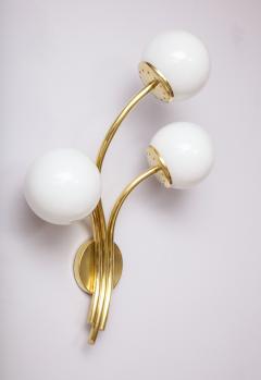 Pair of Italian mid century modern brass and opaline glass globe wall sconces  - 1014017