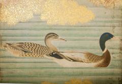 Pair of Japanese 6 Panel Screens Unusual and Rare Audubon Painting of Waterfowl - 3472869