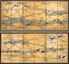 Pair of Japanese 6 Panel Screens Unusual and Rare Audubon Painting of Waterfowl - 3475954