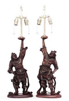 Pair of Japanese Carved Teak Samurai Figure Table Lamps - 4635081