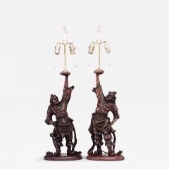 Pair of Japanese Carved Teak Samurai Figure Table Lamps - 4689754