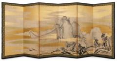 Pair of Japanese Six Panel Screens Chinese Mountain Village - 3951588