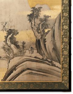 Pair of Japanese Six Panel Screens Chinese Mountain Village - 3951624