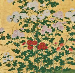 Pair of Japanese Six Panel Screens Chrysanthemums - 3543596