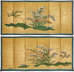 Pair of Japanese Six Panel Screens Chrysanthemums - 3543602