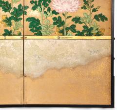 Pair of Japanese Six Panel Screens Chrysanthemums with Poem Cards - 4442371