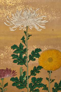 Pair of Japanese Six Panel Screens Chrysanthemums with Poem Cards - 4442376