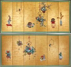 Pair of Japanese Six Panel Screens Examples of Ikebana Flower Arrangements  - 3952473