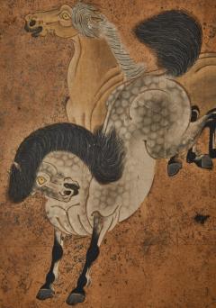 Pair of Japanese Six Panel Screens Frolicking Horses From Chokaro Sennin s - 3543595