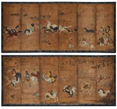 Pair of Japanese Six Panel Screens Frolicking Horses From Chokaro Sennin s - 3543603