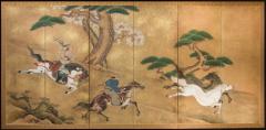 Pair of Japanese Six Panel Screens Japanese Riders in Pursuit of Wild Horses - 3209170