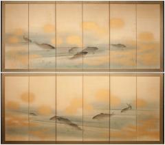 Pair of Japanese Six Panel Screens School of Swimming Carp - 3228457