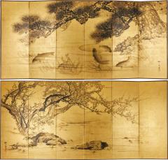 Pair of Japanese Six Panel Screens Serene Pond Life - 3973205