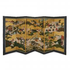 Pair of Japanese Six Panel Tale of Genji Screens - 4773614