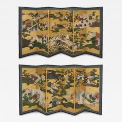 Pair of Japanese Six Panel Tale of Genji Screens - 4776661