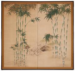 Pair of Japanese Two Panel Screens Bamboo Grove by Stream - 3989205