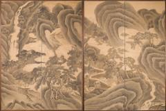 Pair of Japanese Two Panel Screens Exaggerated Mountain Landscape - 2729033