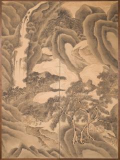 Pair of Japanese Two Panel Screens Exaggerated Mountain Landscape - 2729061