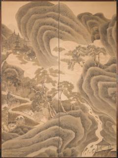 Pair of Japanese Two Panel Screens Exaggerated Mountain Landscape - 2729066