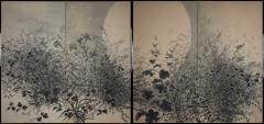 Pair of Japanese Two Panel Screens Moon Rising Through Autumn Grasses - 2314242