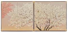 Pair of Japanese Two Panel Screens Red and White Flowering Trees - 3899434