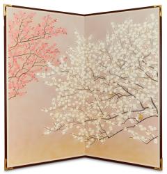 Pair of Japanese Two Panel Screens Red and White Flowering Trees - 3899451