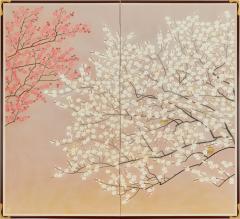 Pair of Japanese Two Panel Screens Red and White Flowering Trees - 3907933