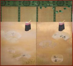 Pair of Japanese Two Panel Screens Sudari and Fans - 3096252